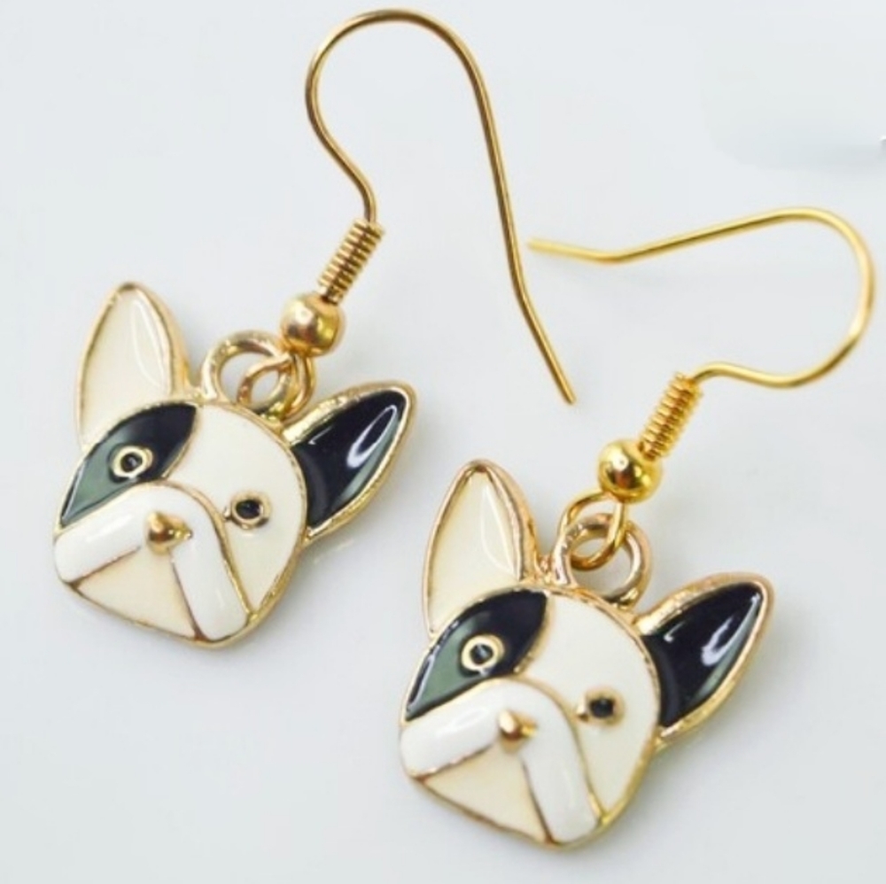 Gold plated black crystal Boston terrier/French bulldog earrings - Picture 6 of 11